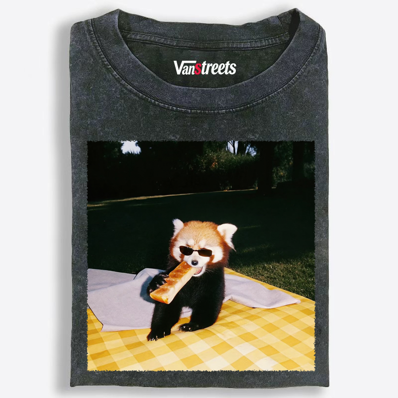 Sunglasses Red Panda with Snack Graphic Washed T-Shirt | 100% Cotton | Streetwear Essential