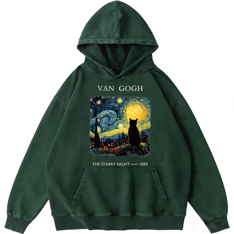Van Gogh The Starry Night Cat Retro Washed Hoodie