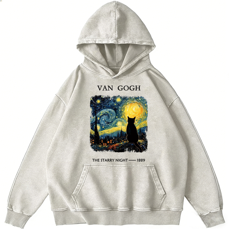 Van Gogh The Starry Night Cat Retro Washed Hoodie