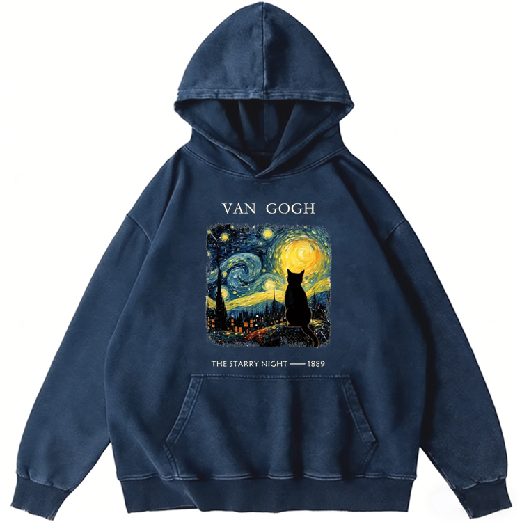 Van Gogh The Starry Night Cat Retro Washed Hoodie