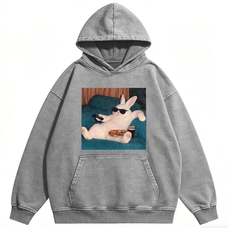 Couch Potato Rabbit Retro Washed Hoodide | 100% Cotton | Streetwear Essential
