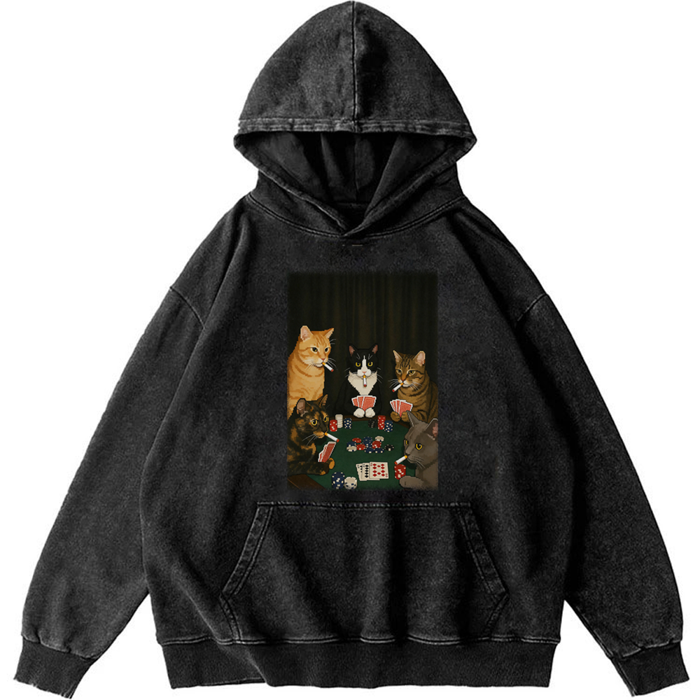 Midnight Poker Cats Retro Washed Hoodie