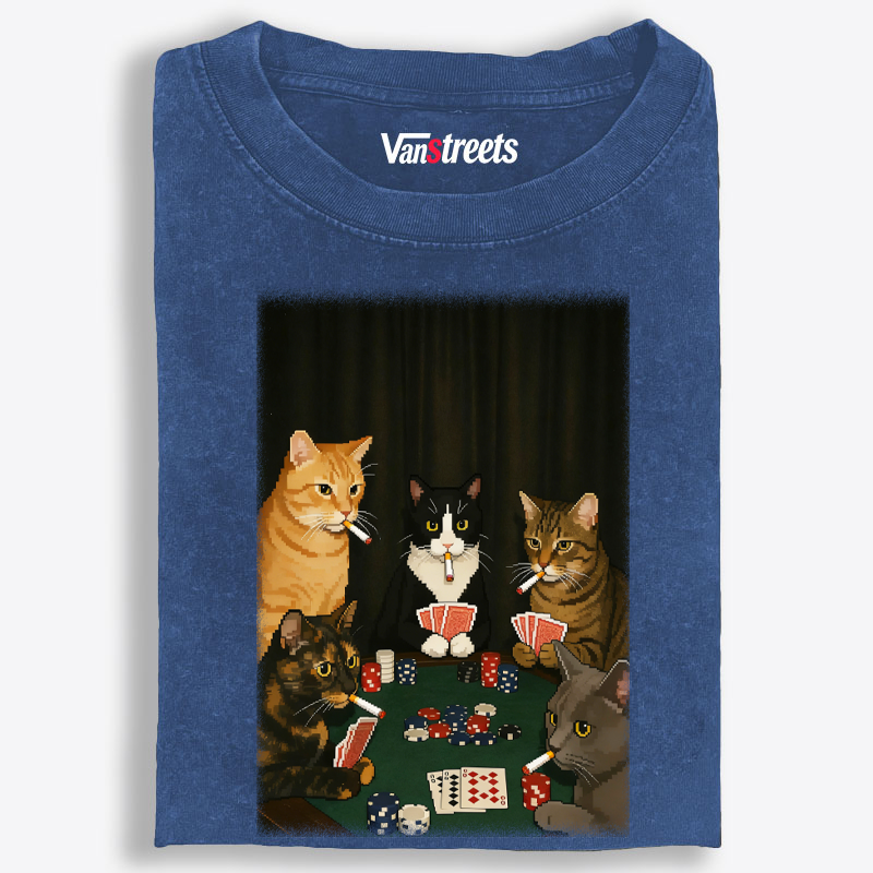 Midnight Poker Cats Retro Washed T-Shirt | 100% Cotton | Streetwear Essential