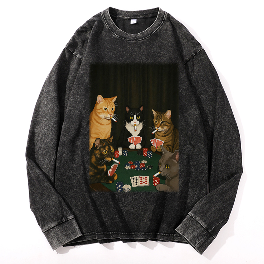 Midnight Poker Cats Retro Washed Long Sleeve T-Shirt