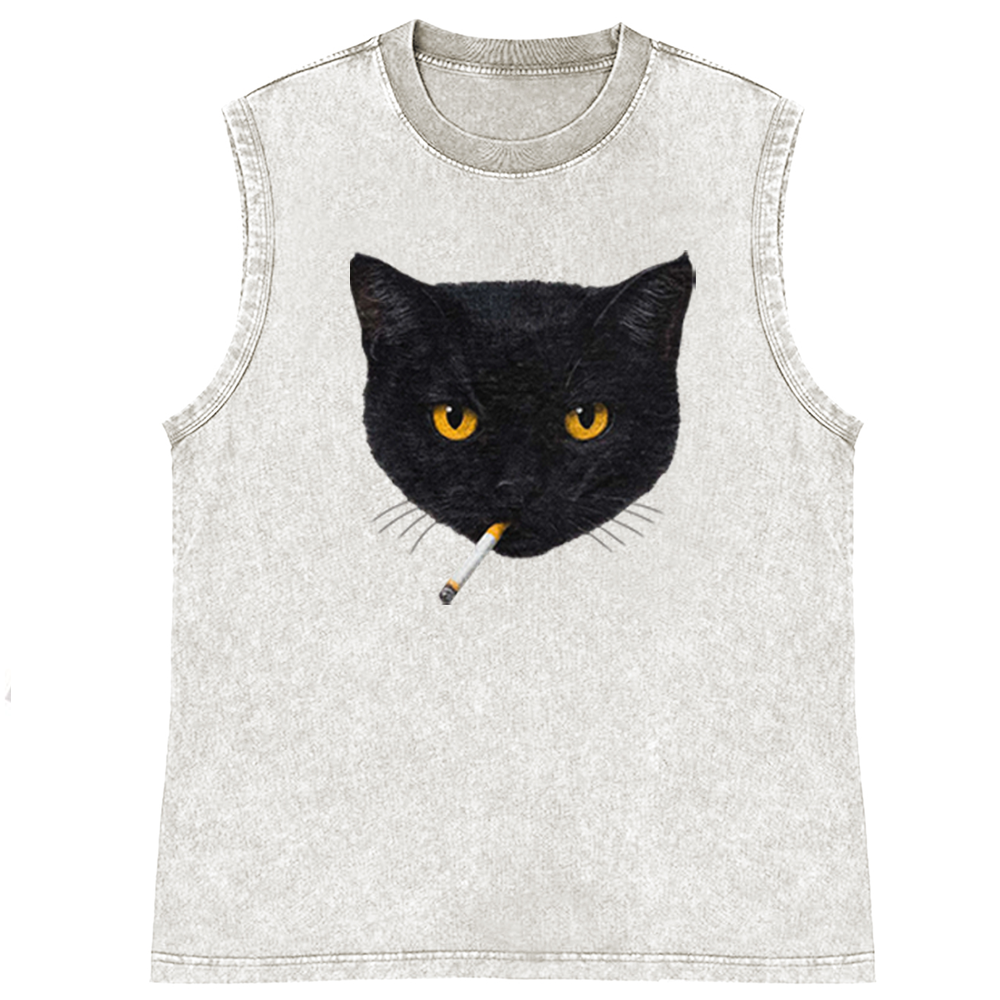 Smoking Black Cat Retro Washed Tank Top
