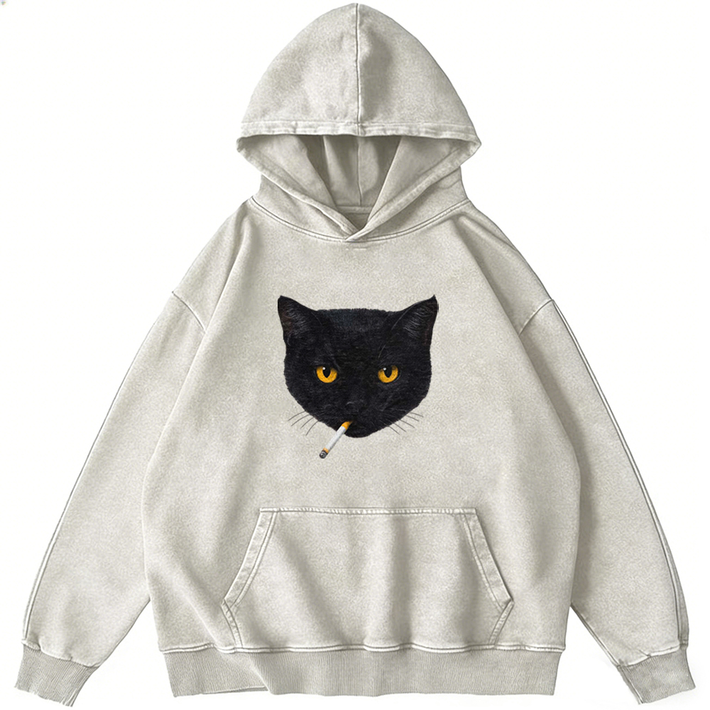 Smoking Black Cat Retro Washed Hoodie