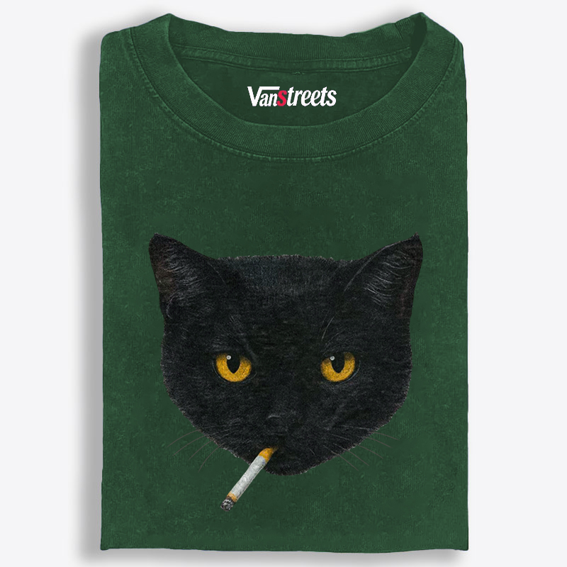 Smoking Black Cat Retro Washed T-Shirt | 100% Cotton | Streetwear Essential