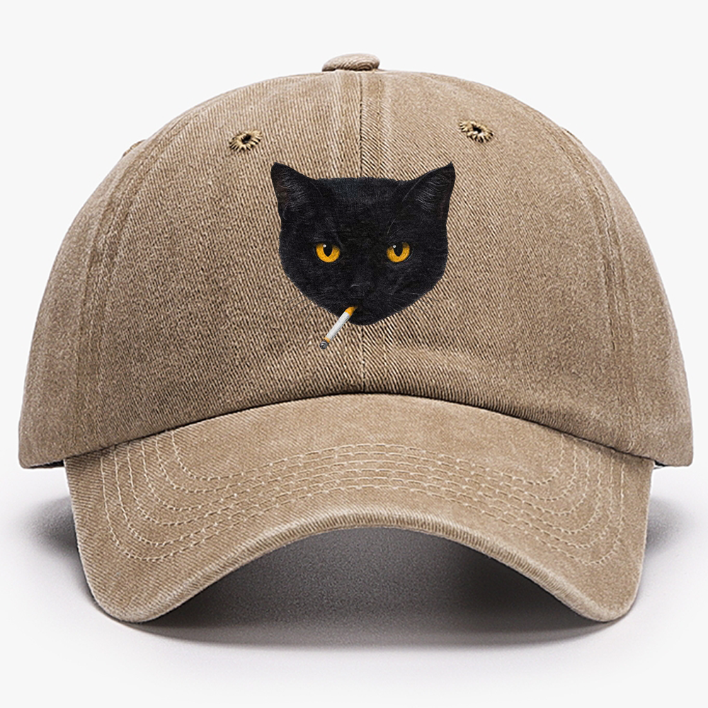 Smoking Black Cat Retro Washed Baseball Cap