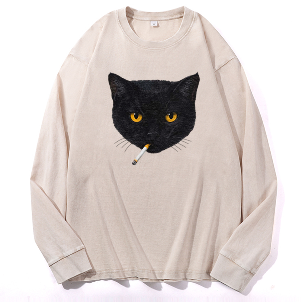 Smoking Black Cat Retro Washed Long Sleeve T-Shirt