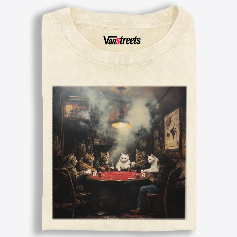 Midnight Poker Cats Club Vintage Graphic Edition Retro Washed T-Shirt | 100% Cotton | Streetwear Essential