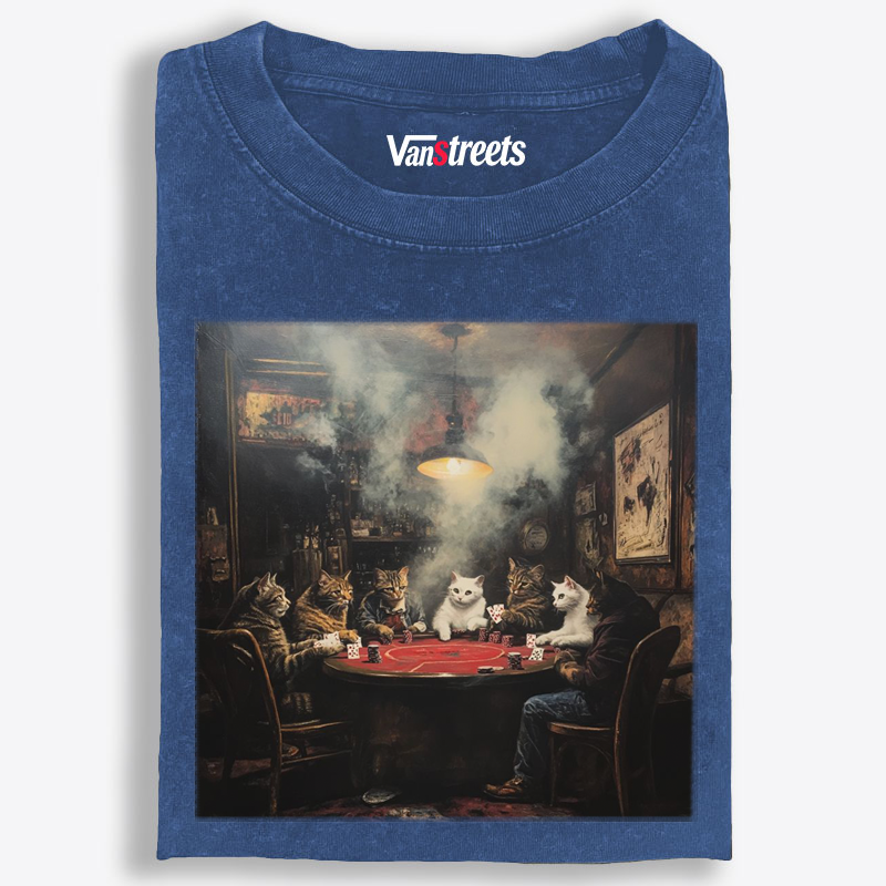 Midnight Poker Cats Club Vintage Graphic Edition Retro Washed T-Shirt | 100% Cotton | Streetwear Essential