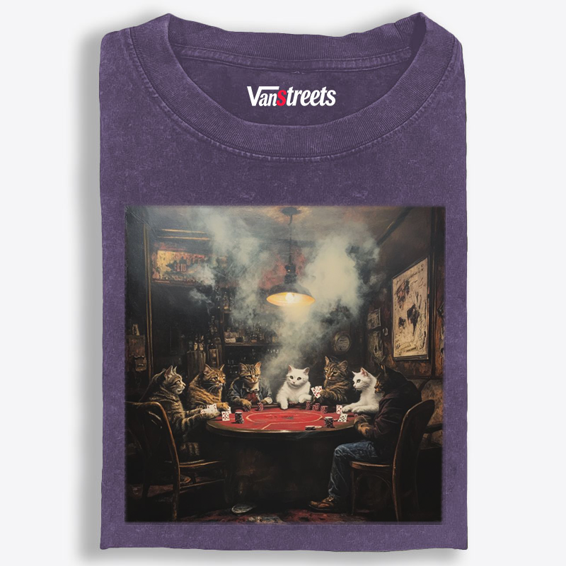 Midnight Poker Cats Club Vintage Graphic Edition Retro Washed T-Shirt | 100% Cotton | Streetwear Essential