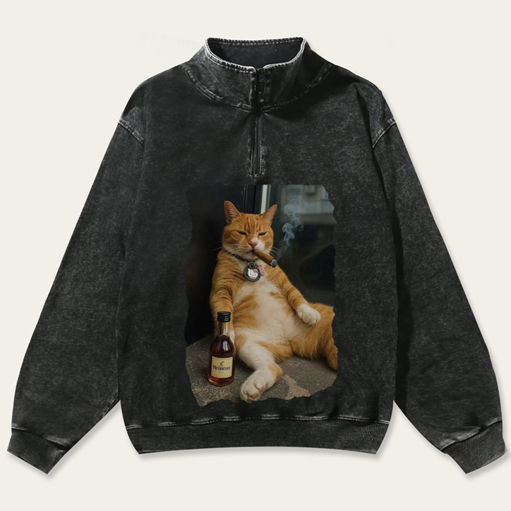Cigar Cat Retro Washed Zip-Up Mock Neck Sweatshirt