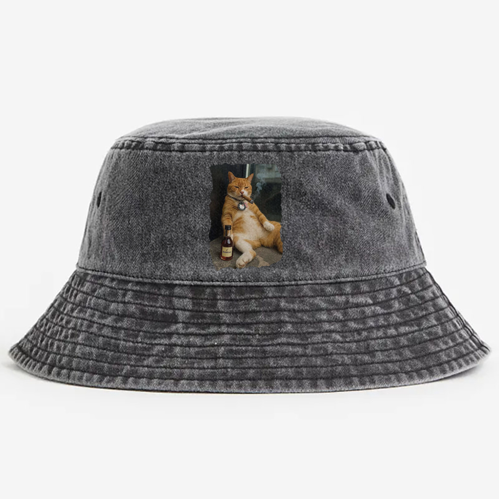 Cigar Cat Retro Vintage Washed Bucket Hat