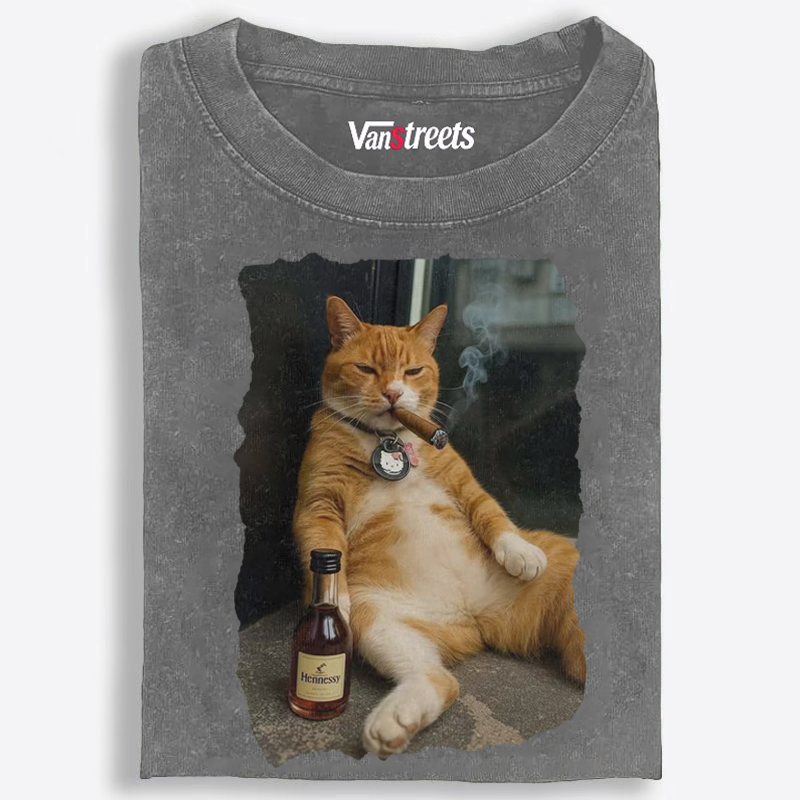 Cigar Cat Retro Washed T-Shirt | 100% Cotton | Streetwear Essential