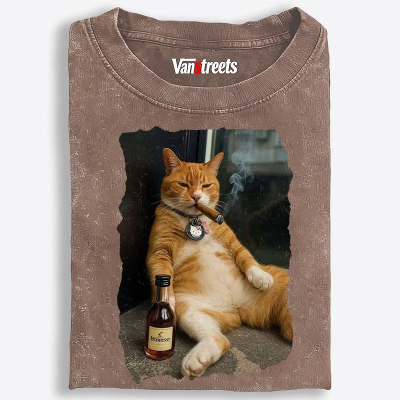 Cigar Cat Retro Washed T-Shirt | 100% Cotton | Streetwear Essential