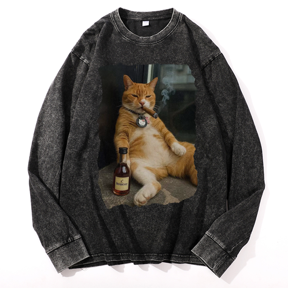 Cigar Cat Retro Washed Long Sleeve T-Shirt