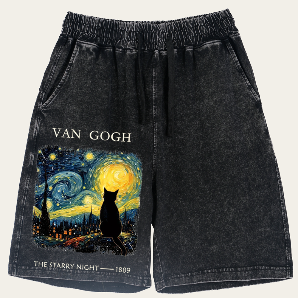 Van Gogh Starry Night Cat Retro Washed Shorts
