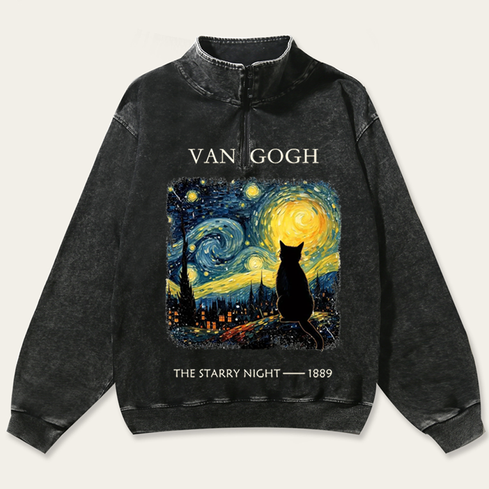 Van Gogh Starry Night Cat Retro Washed Zip-Up Mock Neck Sweatshirt