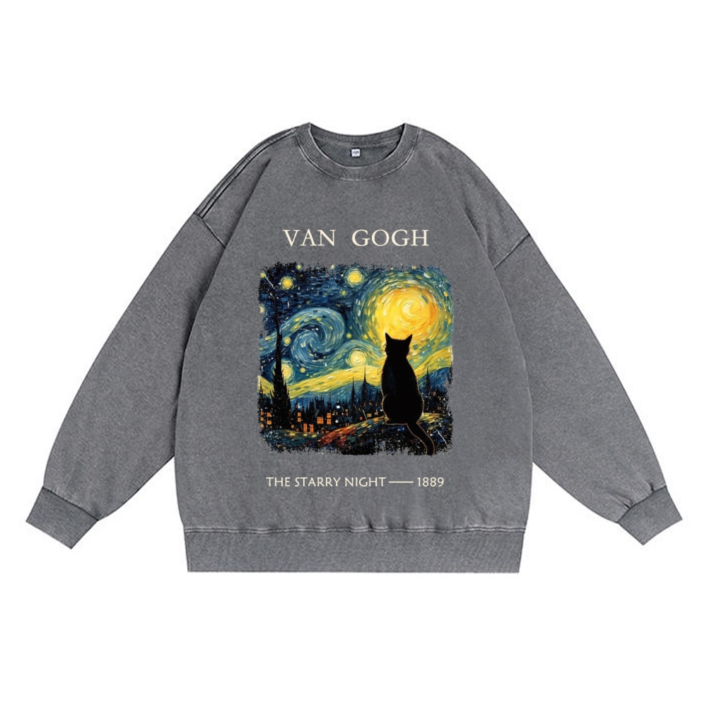 Van Gogh Starry Night Cat Retro Premium Washed Cotton Crewneck Sweatshirt