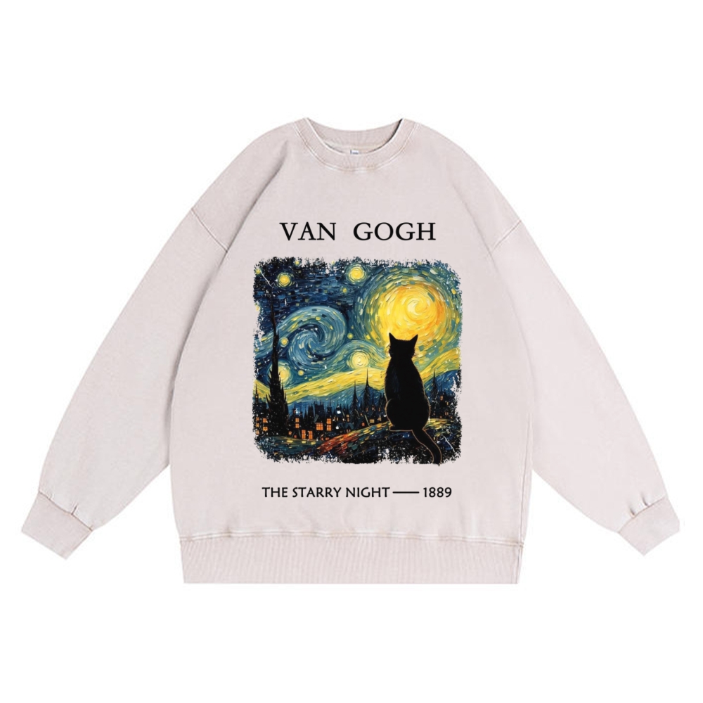 Van Gogh Starry Night Cat Retro Premium Washed Cotton Crewneck Sweatshirt