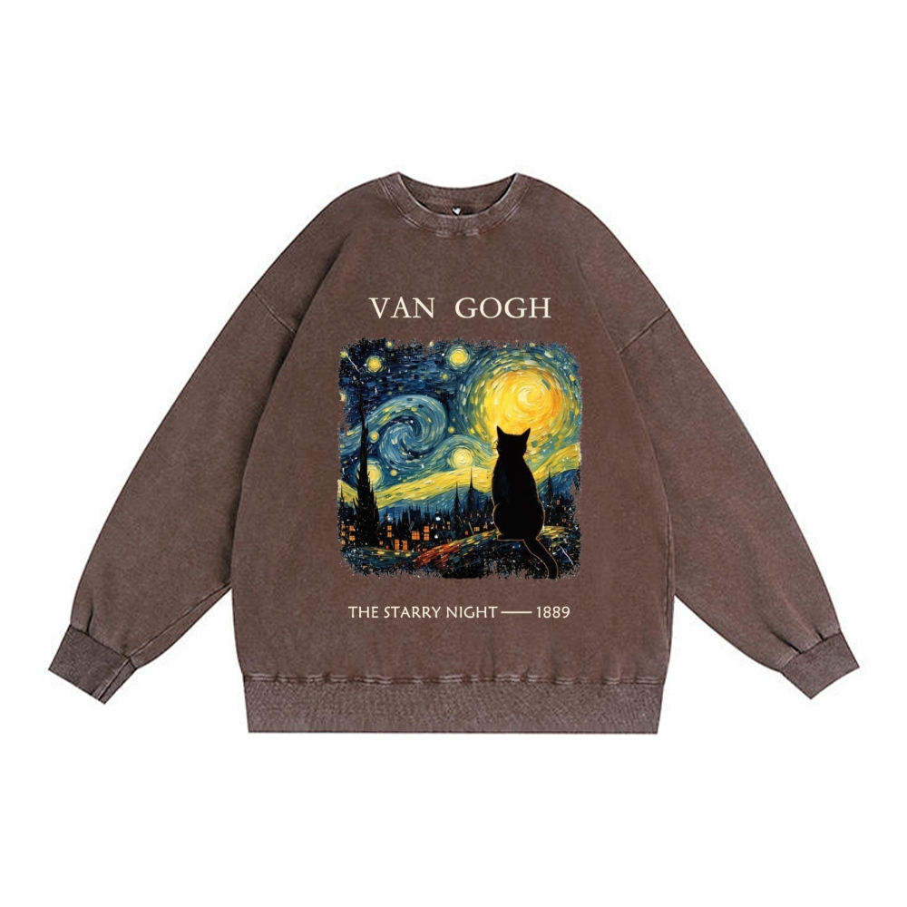 Van Gogh Starry Night Cat Retro Premium Washed Cotton Crewneck Sweatshirt