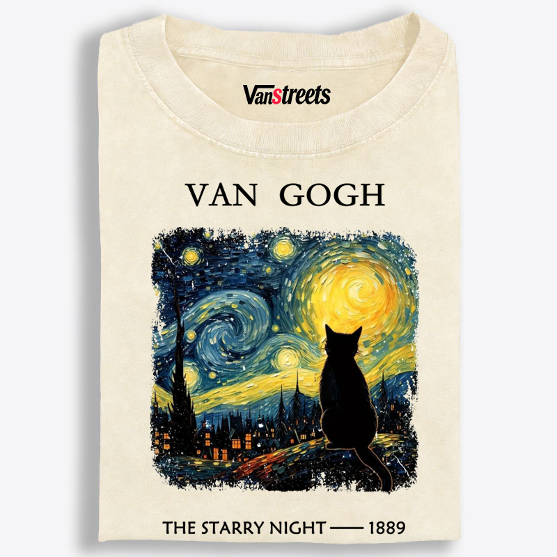 Van Gogh Starry Night Cat Retro Washed T-Shirt | 100% Cotton | Streetwear Essential