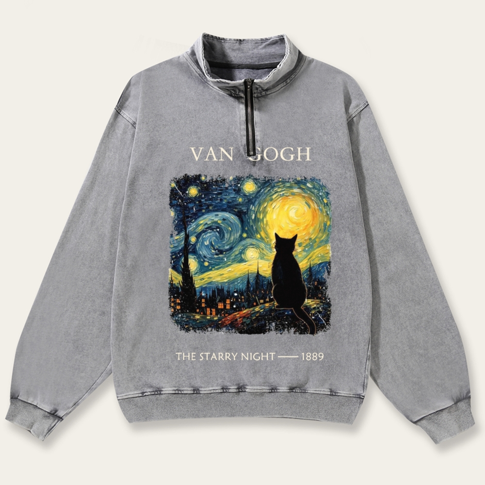 Van Gogh Starry Night Cat Retro Washed Zip-Up Mock Neck Sweatshirt