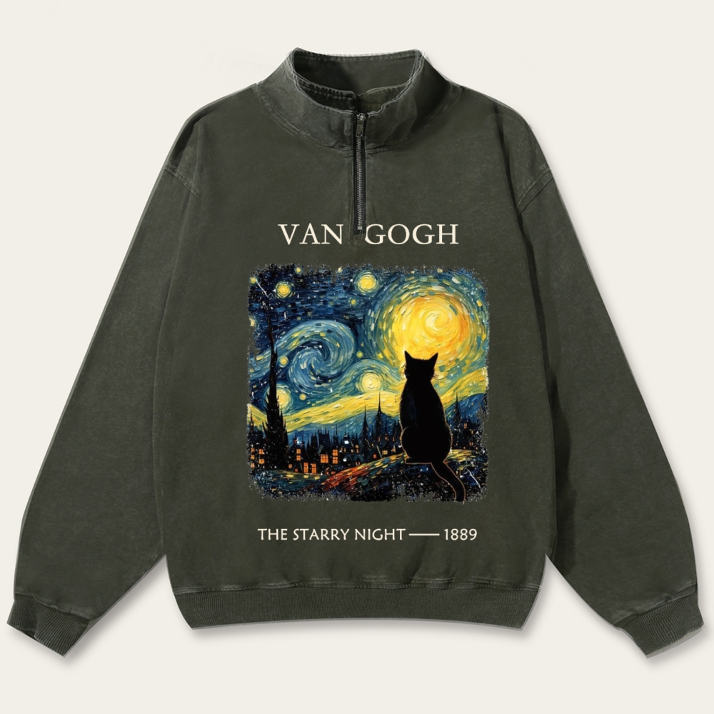 Van Gogh Starry Night Cat Retro Washed Zip-Up Mock Neck Sweatshirt