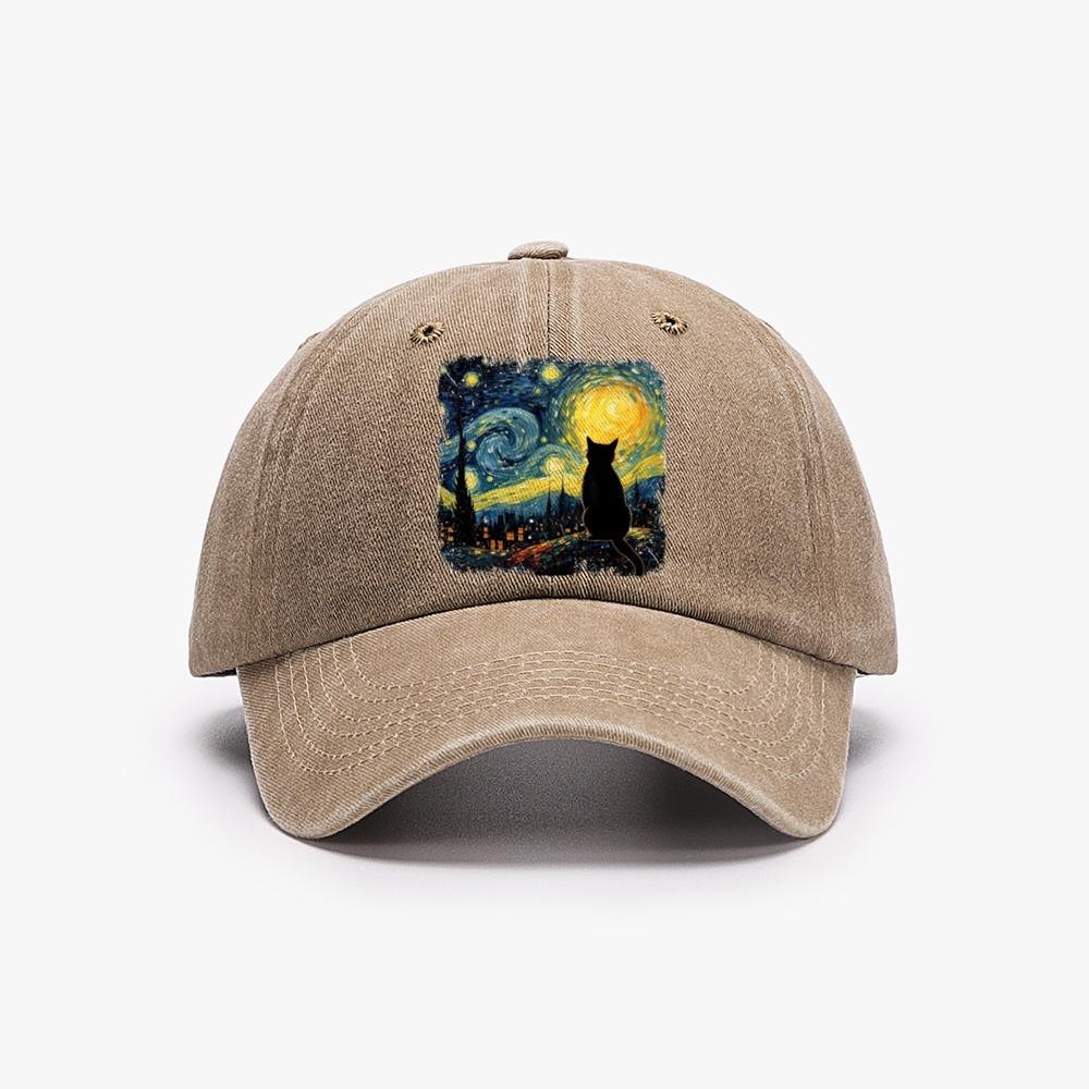 Van Gogh Starry Night Cat Retro Washed Baseball Cap