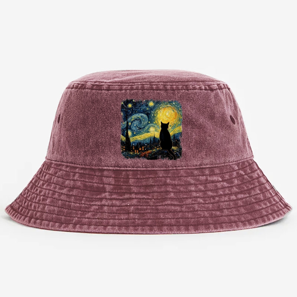 Van Gogh Starry Night Cat Retro Vintage Washed Bucket Hat