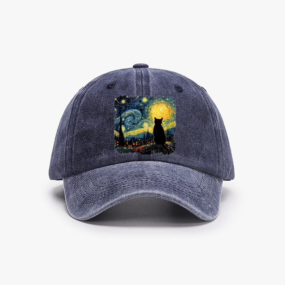 Van Gogh Starry Night Cat Retro Washed Baseball Cap