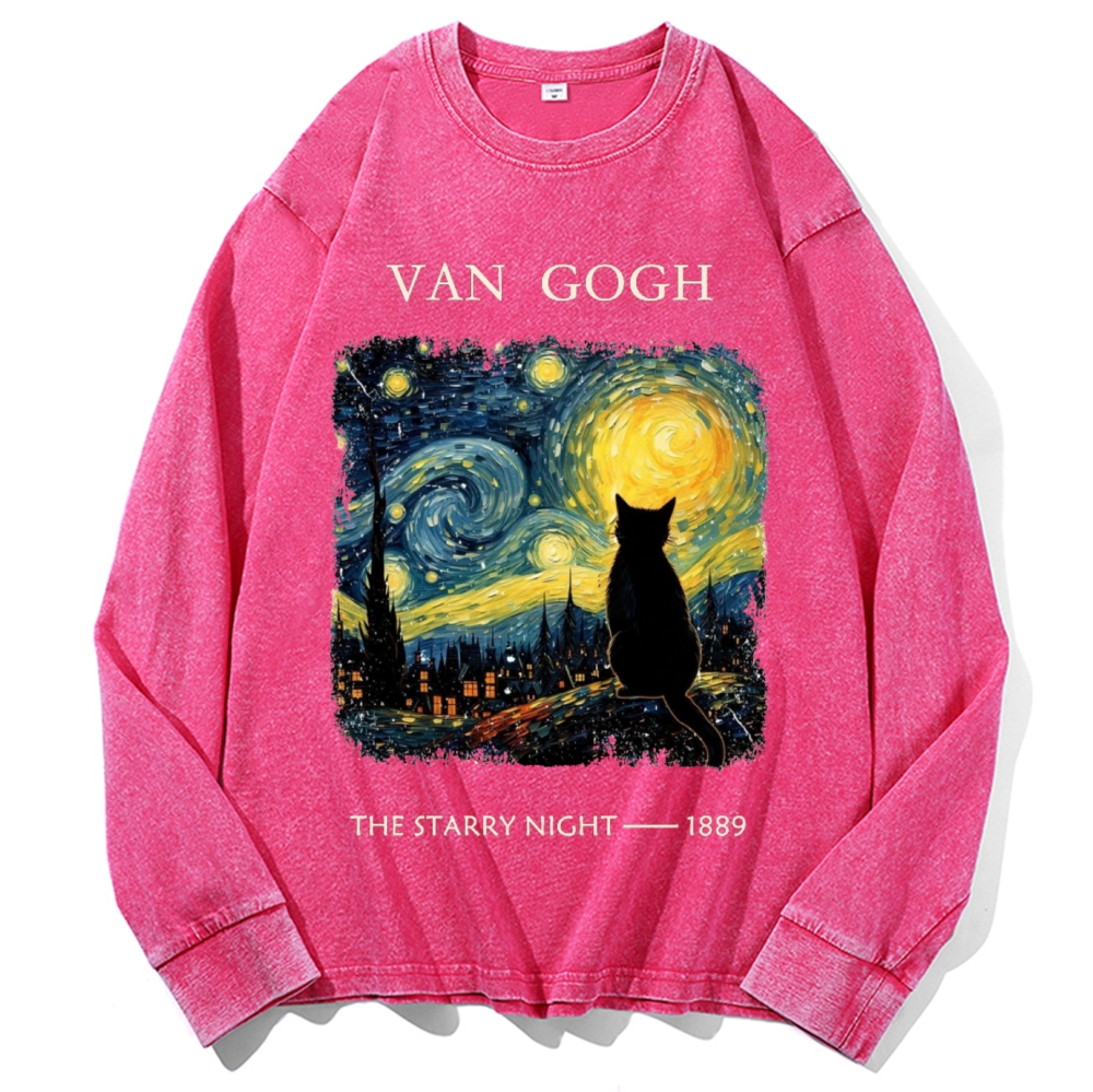 Van Gogh Starry Night Cat Retro Washed Long Sleeve T-Shirt