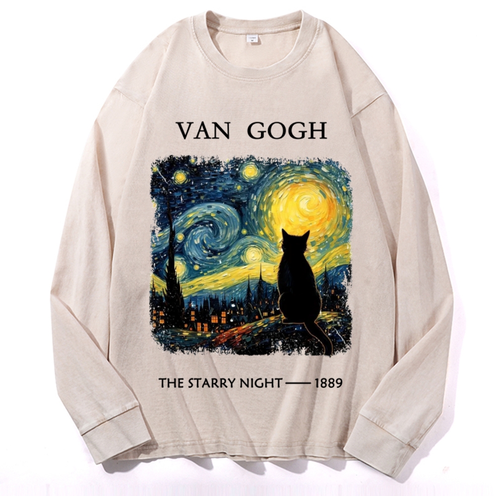 Van Gogh Starry Night Cat Retro Washed Long Sleeve T-Shirt