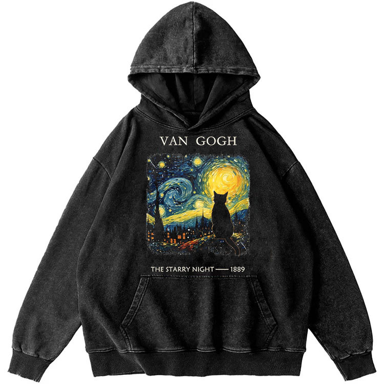 Van Gogh The Starry Night Cat Retro Washed Hoodide | 100% Cotton | Streetwear Essential
