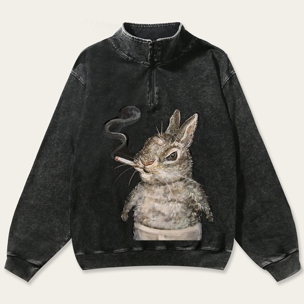 A bunny smoking Retro Washed Zip-Up Mock Neck Sweatshirt