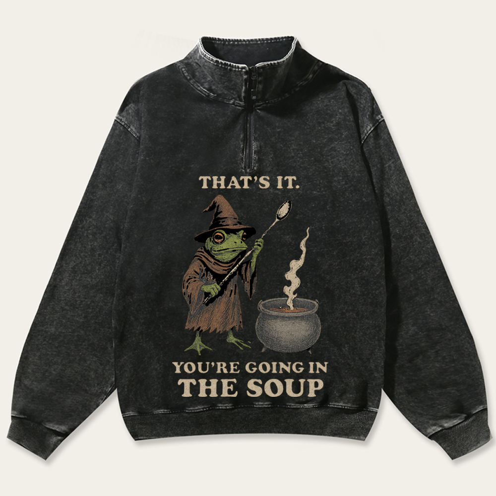 Witchy Frog Soup Threat Retro Washed Zip-Up Mock Neck Sweatshirt