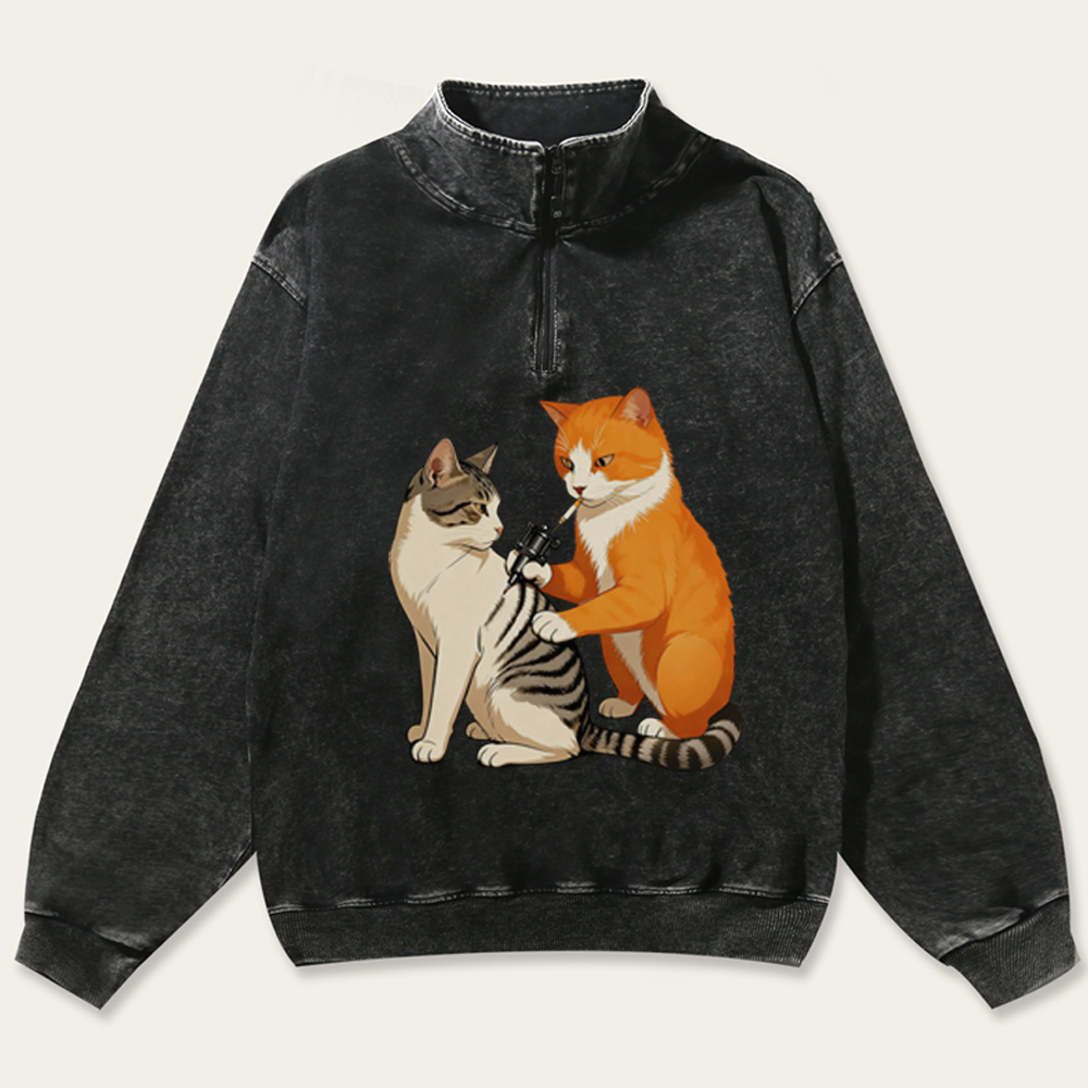 Tattoo Artist Orange Cat Retro Washed Zip-Up Mock Neck Sweatshirt