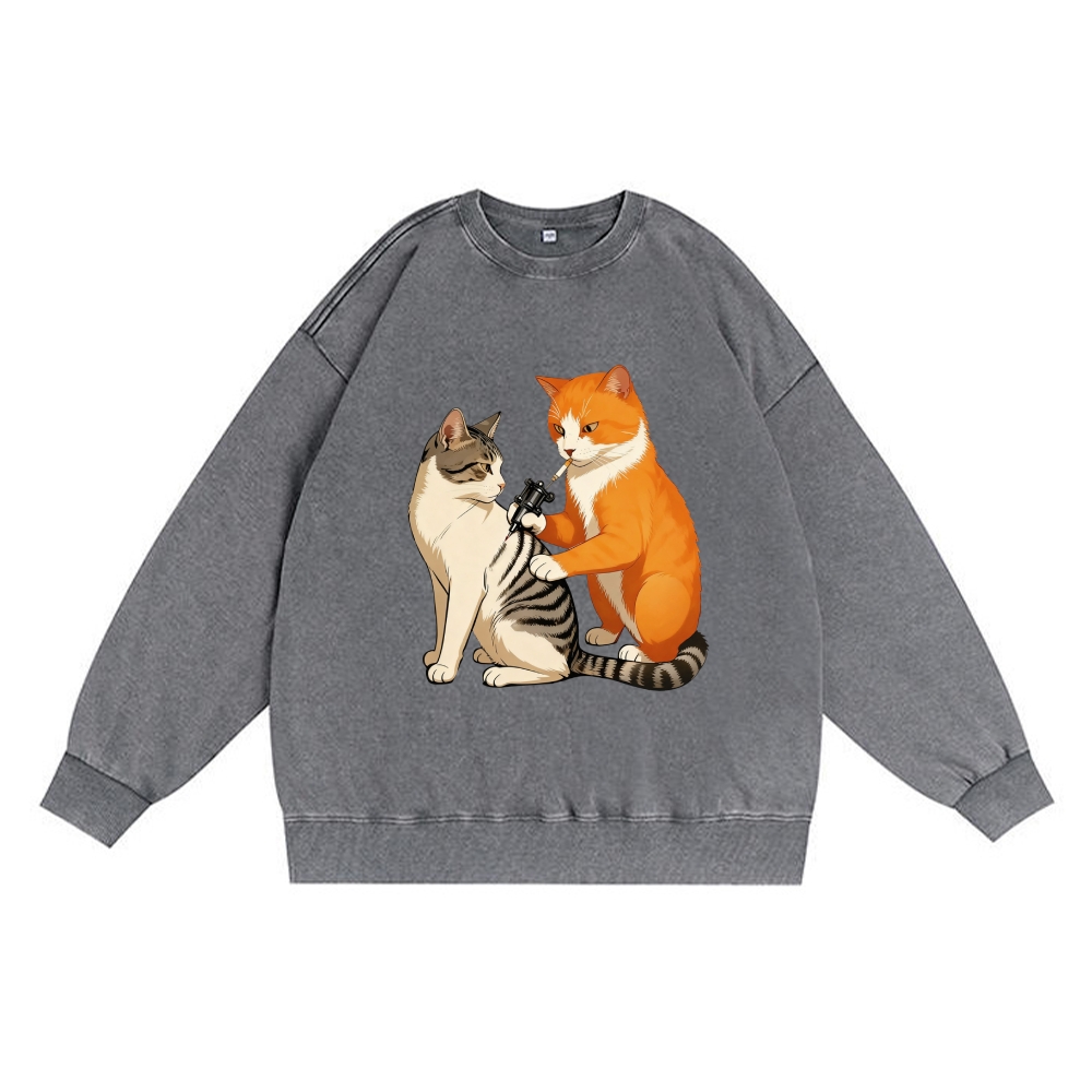 Tattoo Artist Orange Cat Retro Premium Washed Cotton Crewneck Sweatshirt