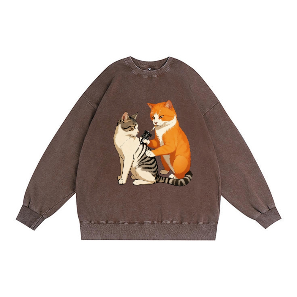 Tattoo Artist Orange Cat Retro Premium Washed Cotton Crewneck Sweatshirt