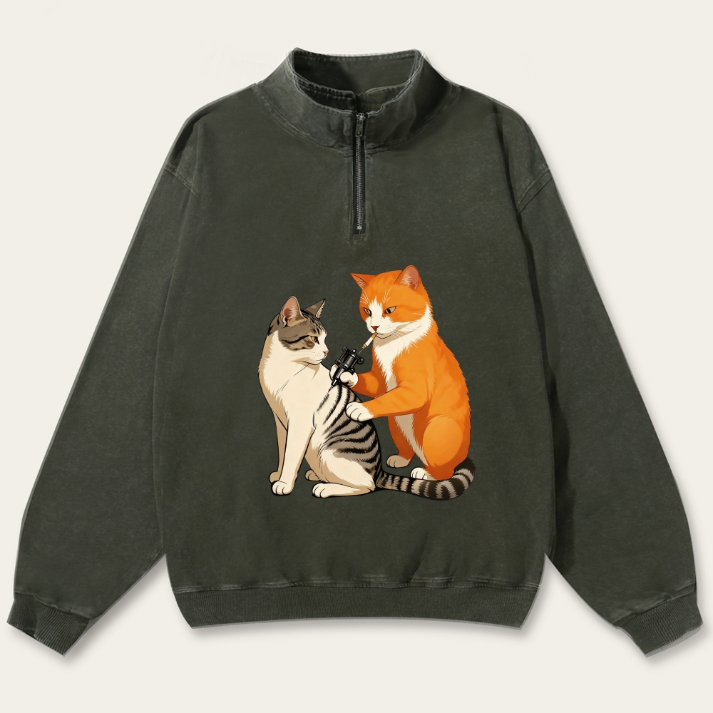 Tattoo Artist Orange Cat Retro Washed Zip-Up Mock Neck Sweatshirt