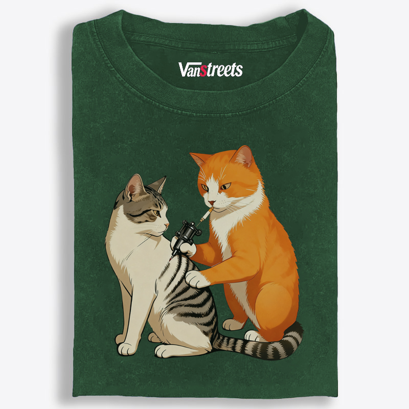 Tattoo Artist Orange Cat Retro Washed T-Shirt | 100% Cotton | Streetwear Essential