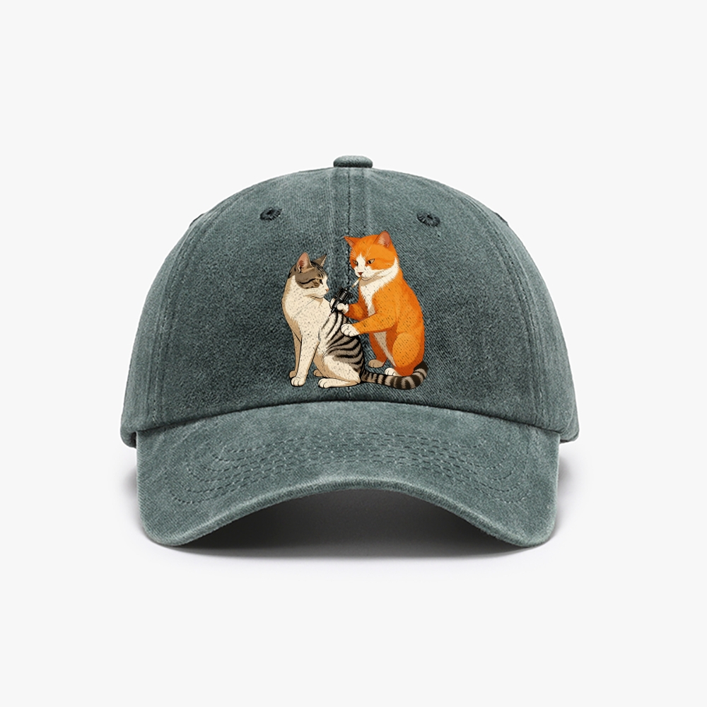 Cat in Starry Night with UFO Meme Retro Washed Baseball Cap