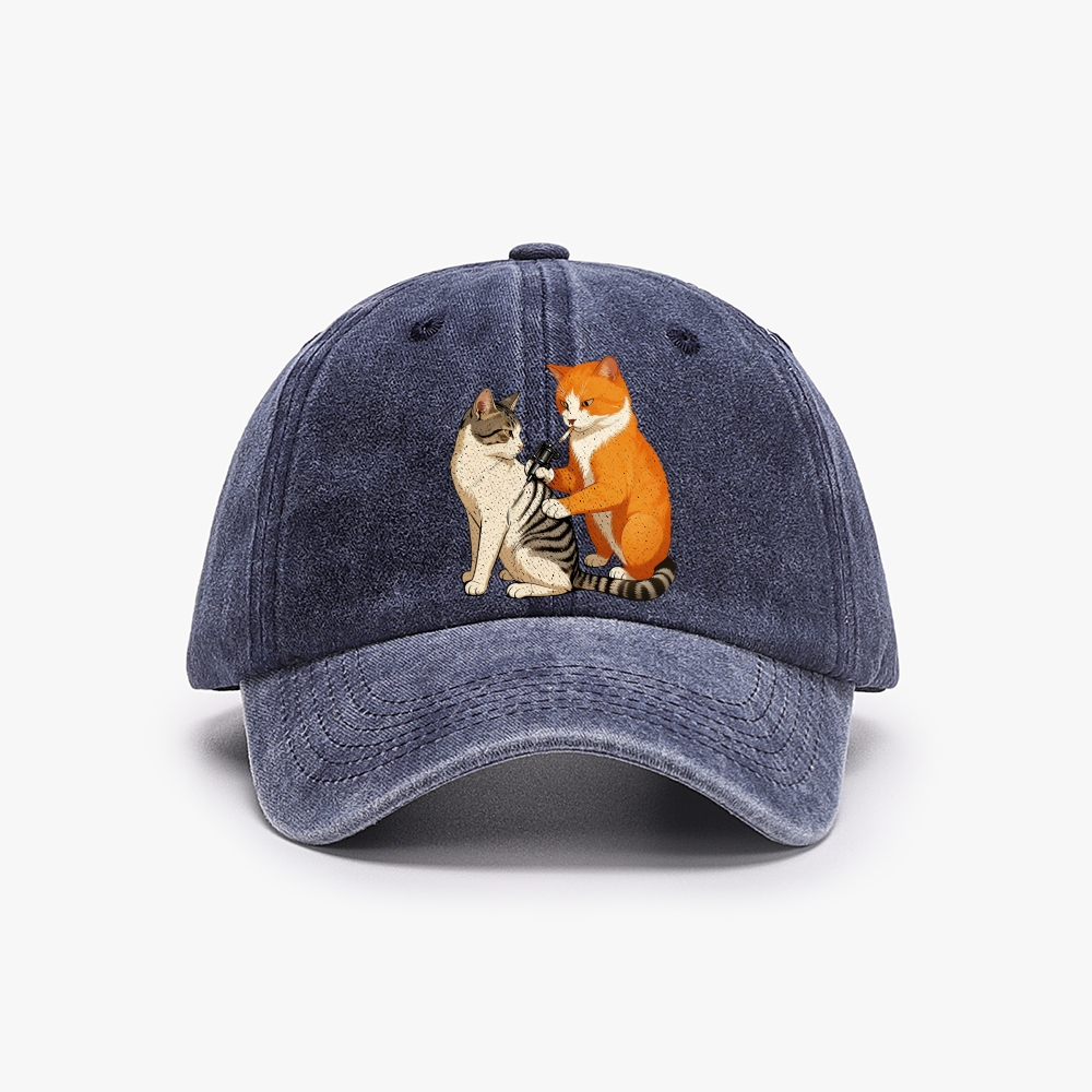 Cat in Starry Night with UFO Meme Retro Washed Baseball Cap