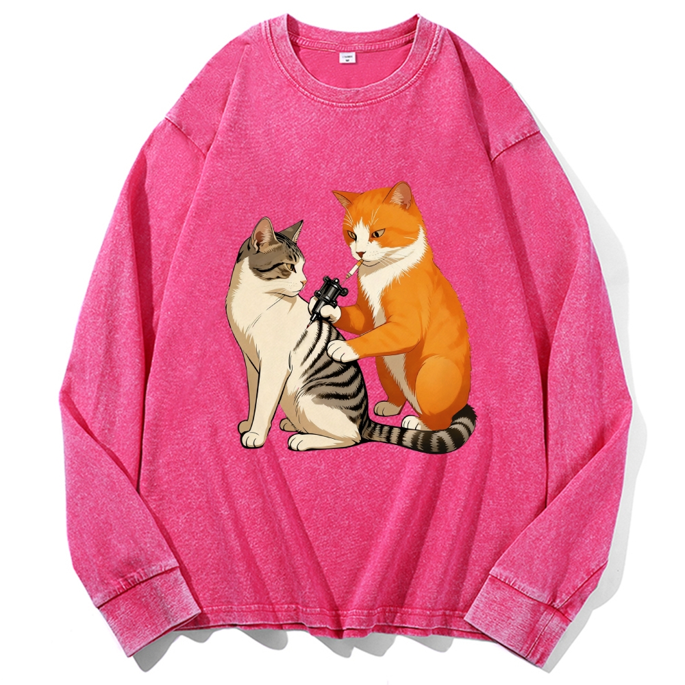 Tattoo Artist Orange Cat Retro Washed Long Sleeve T-Shirt