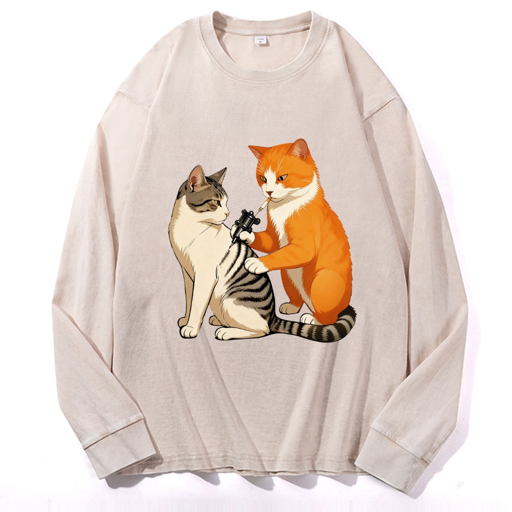 Tattoo Artist Orange Cat Retro Washed Long Sleeve T-Shirt