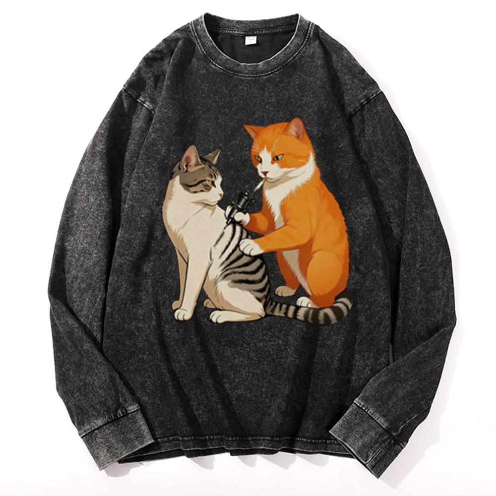 Tattoo Artist Orange Cat Retro Washed Long Sleeve T-Shirt