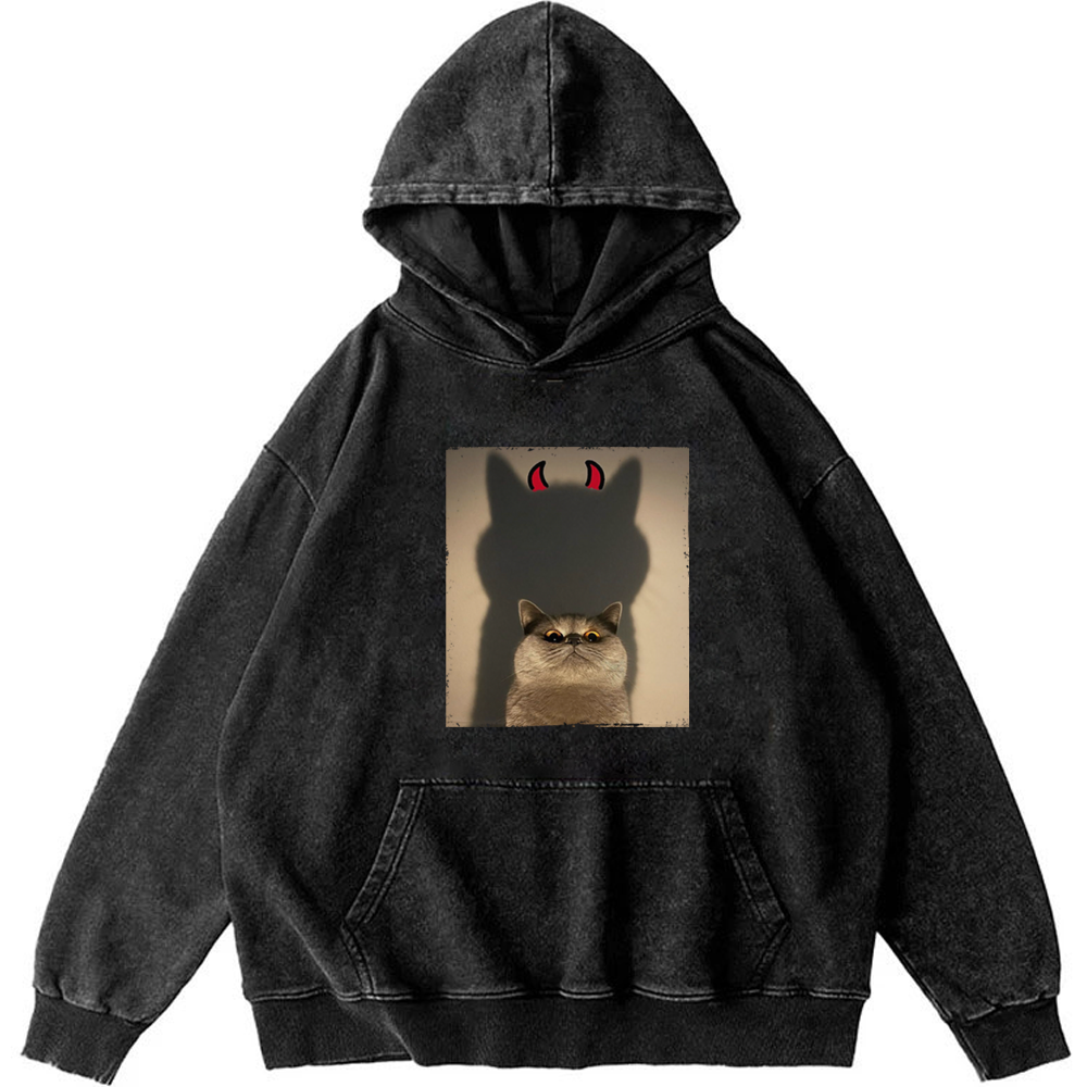 Demon Shadow Cat Meme Retro Washed Hoodie