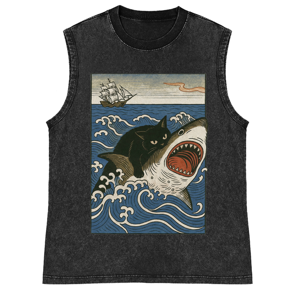 Ukiyo-e Cat Riding Shark Retro Washed Tank Top