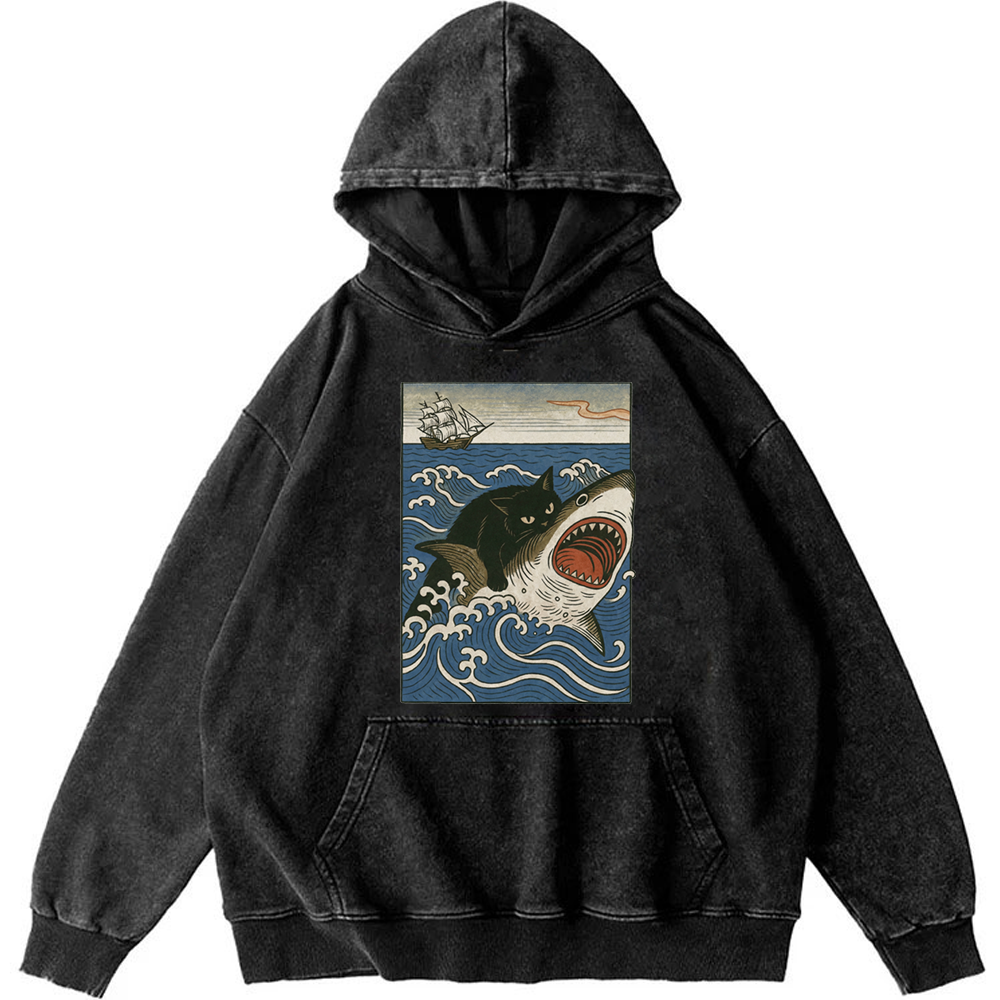 Ukiyo-e Cat Riding Shark Retro Washed Hoodie